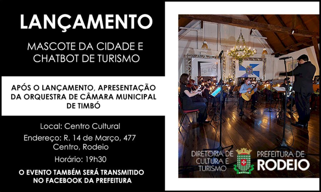 PRESTIGIE O LANÇAMENTO DO MASCOTE GÈPPE, 'CHATBOT' DE TURISMO 'O TRENTINO' E A ORQUESTRA DE CÂMARA MUNICIPAL DE TIMBÓ