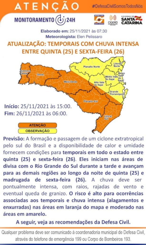 SC tem previsão de temporais nesta quinta; confira regiões afetadas
