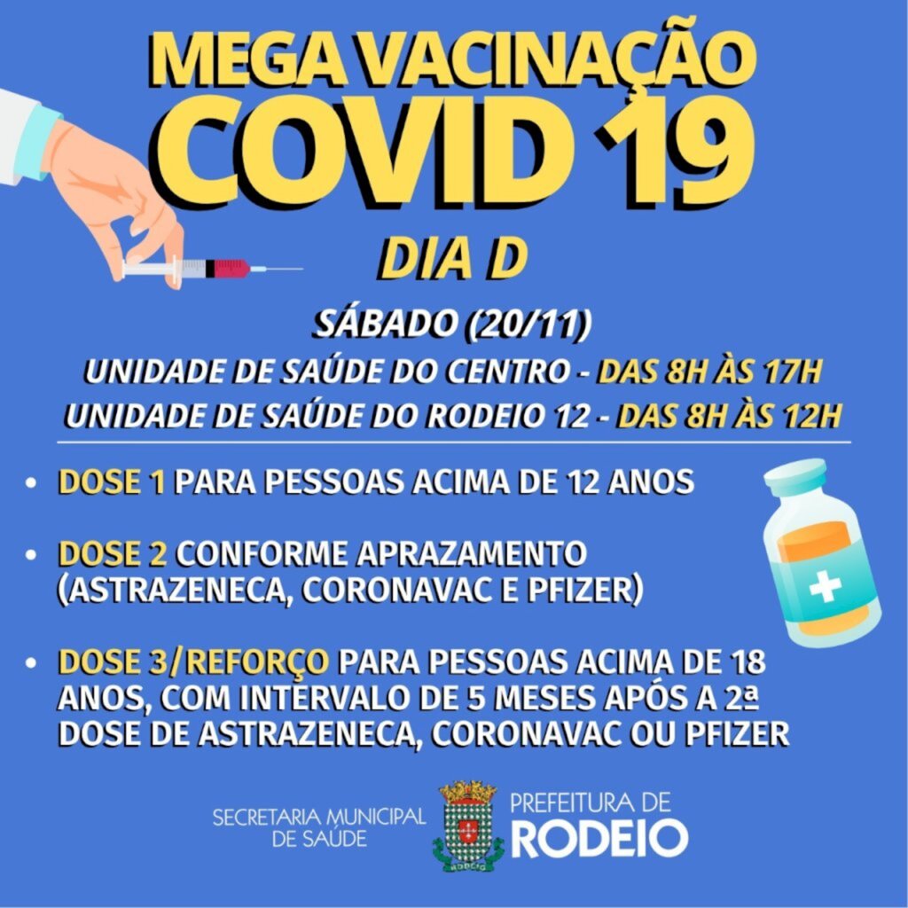 SÁBADO DIA 20 TEM MEGA VACINAÇÃO CONTRA COVID-19 EM RODEIO