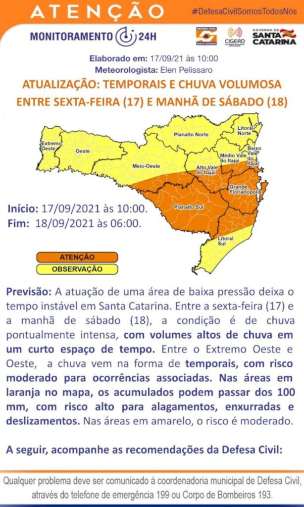 ATENÇÃO METEOROLÓGICA DCSC: TEMPORAIS E CHUVA VOLUMOSA ENTRE SEXTA-FEIRA (17) E MANHÃ DE SÁBADO (18)