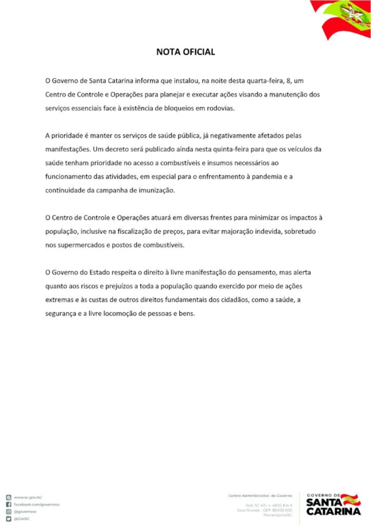 O Governo de Santa Catarina informa
