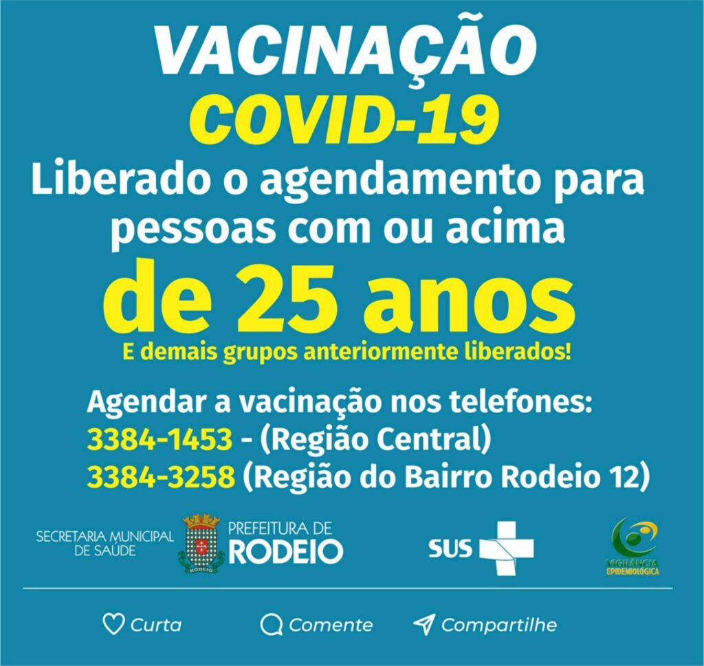 Vacinação contra a Covid 19 em Rodeio foi liberada para pessoas acima de 25 anos