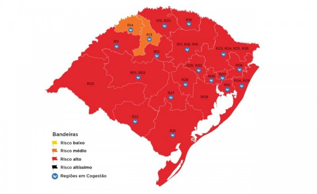 Estado mantém 19 regiões na bandeira vermelha