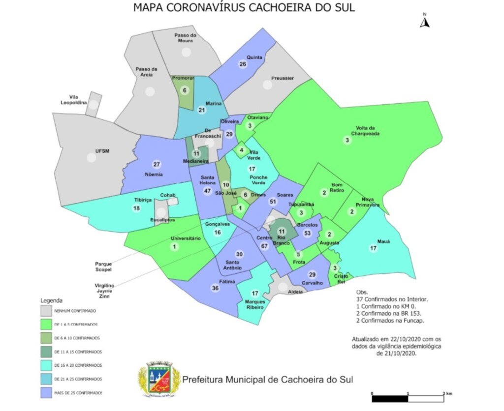 Divulgação/Prefeitura Municipal de Cachoeira do Sul - Mapa é de quarta-feira, quando o município tinha 620 casos confirmados de coronavírus.