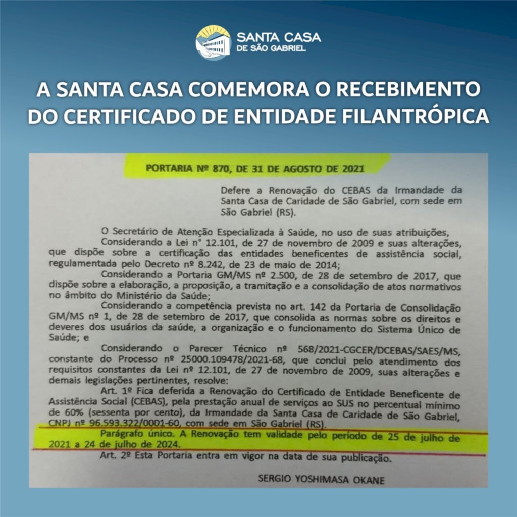 Santa Casa comemora o recebimento do certificado de Entidade Filantrópica