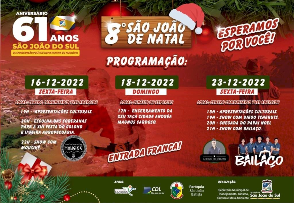 DIVULGADA A PROGRAMAÇÃO ESPECIAL  DE FIM DE ANO EM SÃO JOÃO DO SUL