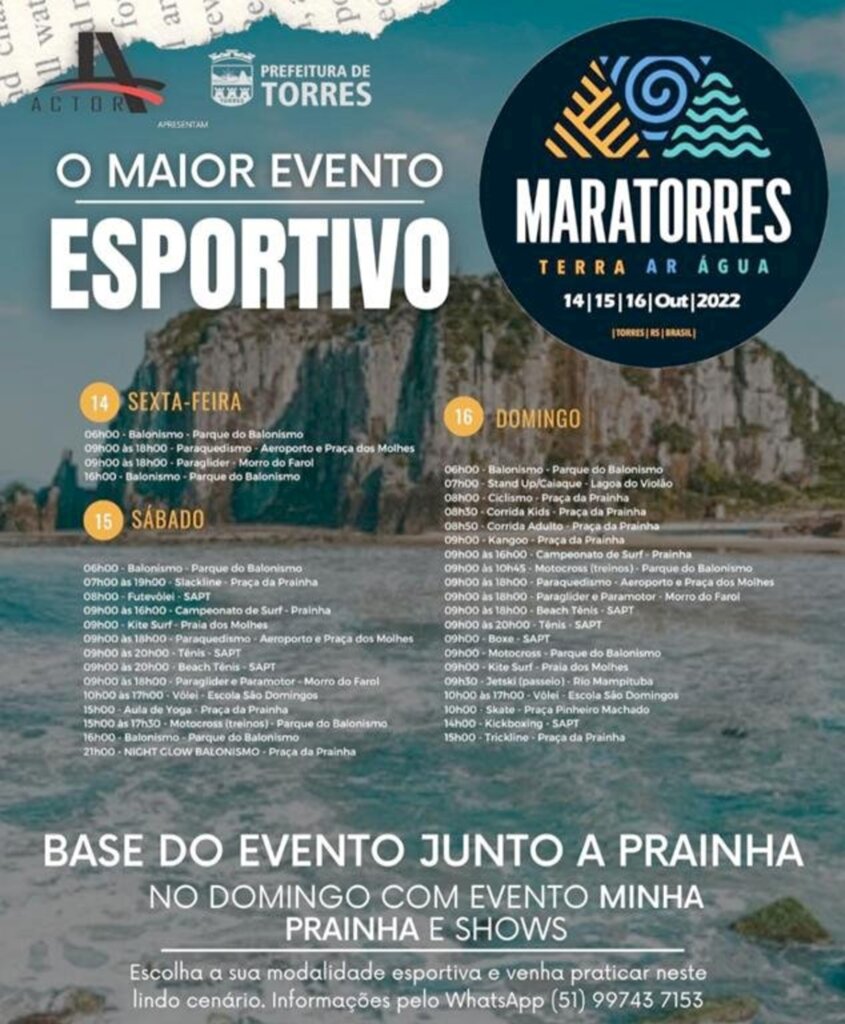 DIAS 14, 15 E 16 DE OUTUBRO TEM 'MINHA PRAINHA'  E A 3ª EDIÇÃO DO EVENTO ESPORTIVO MARATORRES