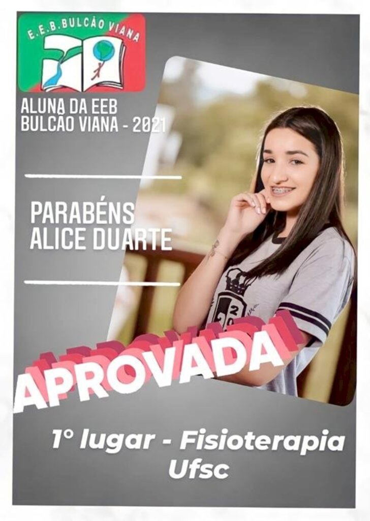 PRAIA GRANDE: ALUNA DO BULCÃO VIANA  É 1º LUGAR NO VESTIBULAR DE FISIOTERAPIA DA UFSC