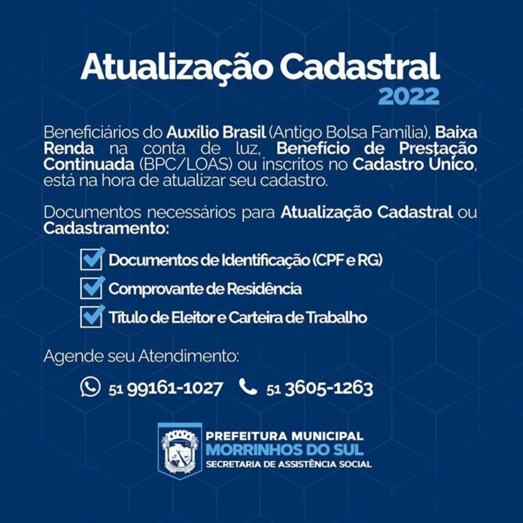 ASSISTÊNCIA SOCIAL DE MORRINHOS DO SUL CONVOCA PARA ATUALIZAÇÃO CADASTRAL