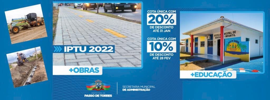IPTU PODE SER PAGO COM 20% DE DESCONTO ATÉ 31 DE JANEIRO EM PASSO DE TORRES