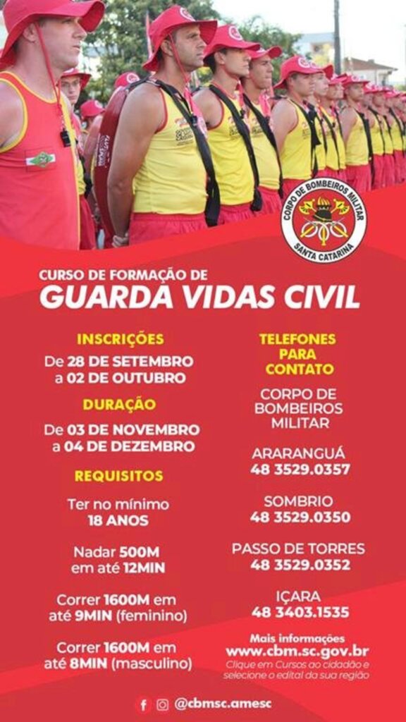 INSCRIÇÕES PARA O CURSO DE GUARDA-VIDAS  CIVIL 2020/2021 INICIAM NA  SEGUNDA-FEIRA (28)