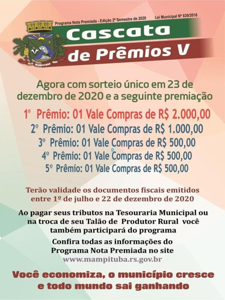 LANÇADA A 5ª EDIÇÃO  DO PROGRAMA NOTA PREMIADA - CASCATA DE PRÊMIOS DE MAMPITUBA