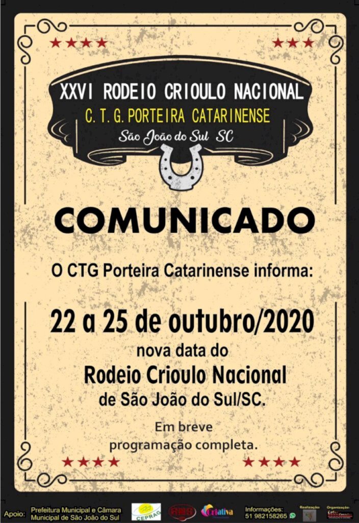 CTG PORTEIRA CATARINENSE DIVULGA NOVA DATA PARA O XXVI RODEIO CRIOULO NACIONAL