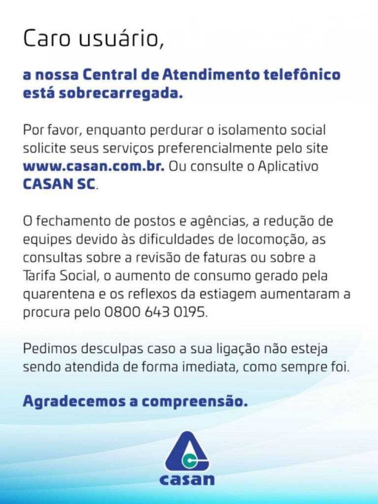 CASAN PEDE COMPREENSÃO POR SOBRECARGA DE SEU 0800