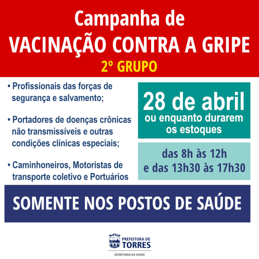 PREFEITURA DE TORRES RETOMA VACINAÇÃO DA GRIPE PARA OS GRUPOS DA SEGUNDA FASE NESTA TERÇA-FEIRA (28)