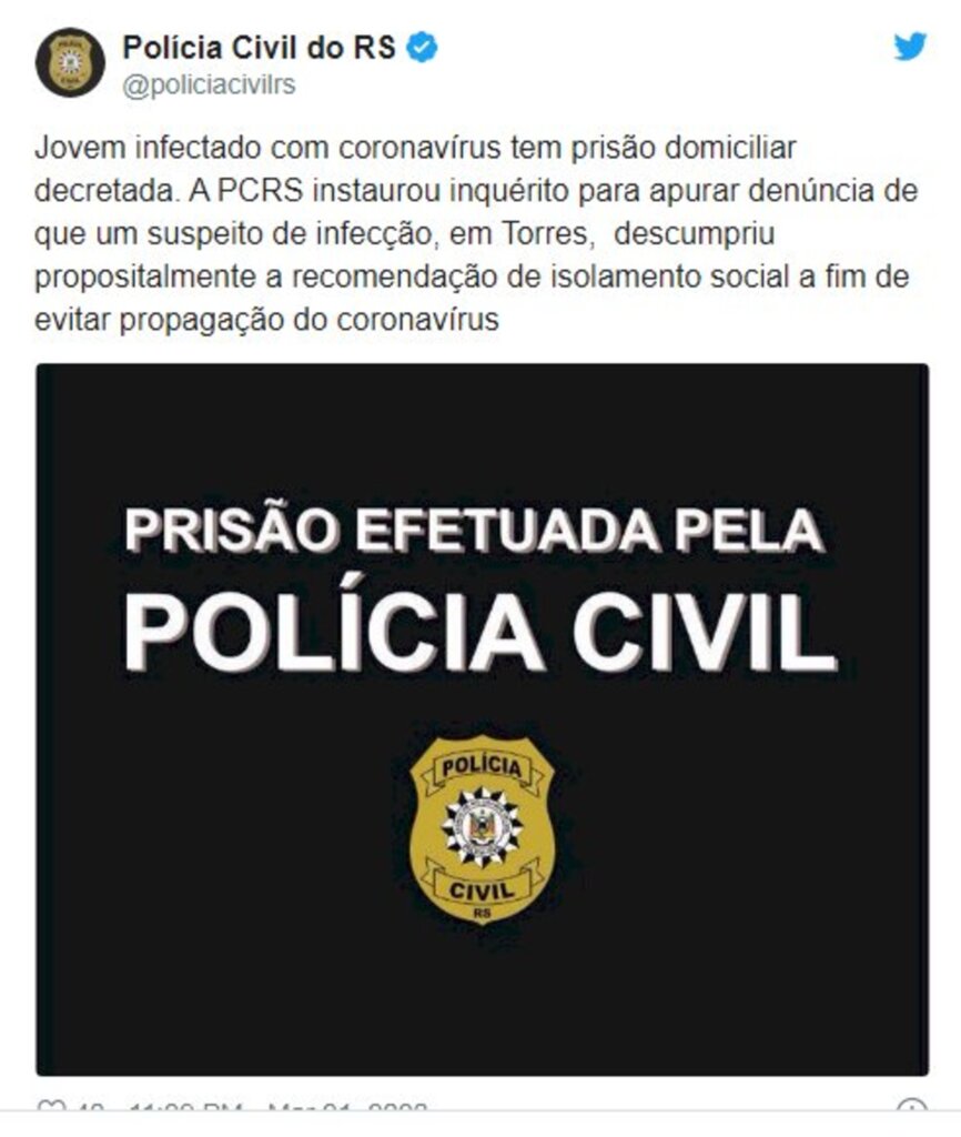 JOVEM DE TORRES INFECTADO COM CORONAVÍRUS RECEBE PRISÃO DOMICILIAR