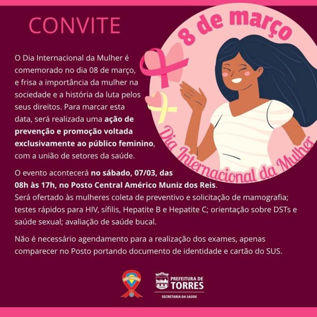 DIA INTERNACIONAL DA  MULHER SERÁ MARCADO EM TORRES COM AÇÃO EM SAÚDE
