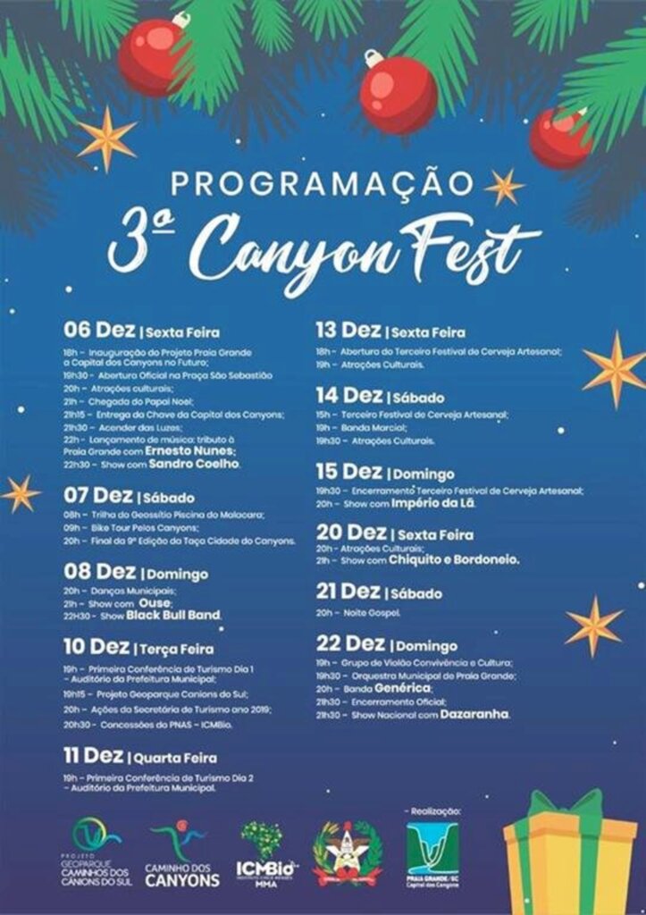 LANÇADA A PROGRAMAÇÃO DO 3º CANYON FEST E  X NATAL DOS CANYONS DE PRAIA GRANDE