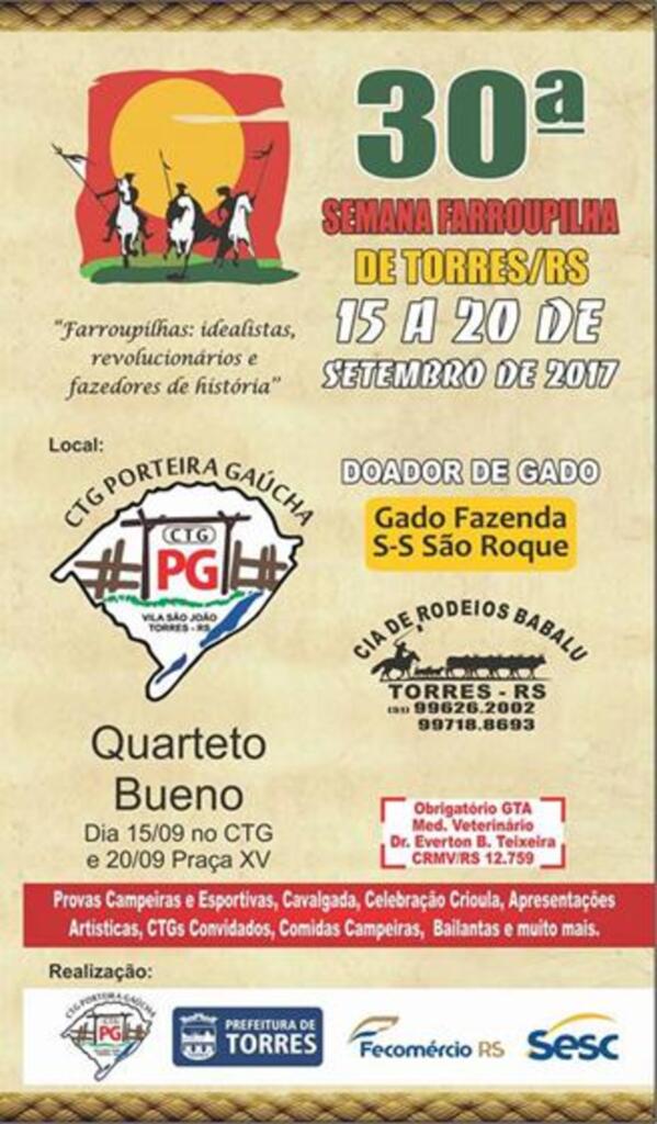 30ª SEMANA FARROUPILHA SERÁ REALIZADA  NO CTG DA VILA SÃO JOÃO E NA PRAÇA XV