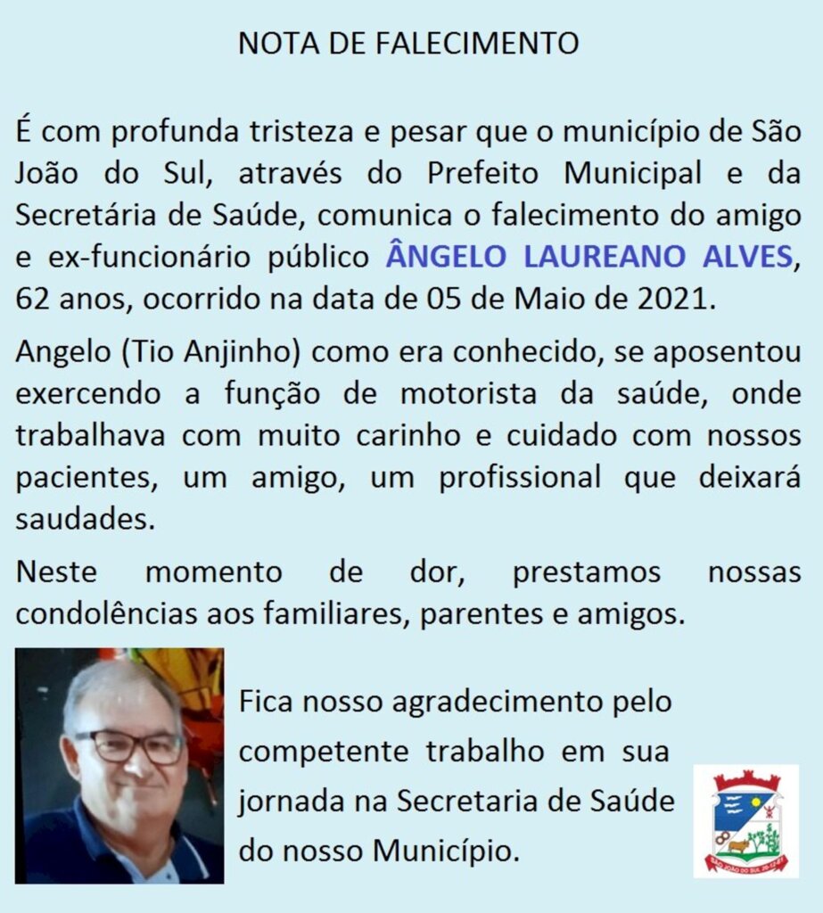 SECRETARIA DE SAÚDE CONFIRMA 14º ÓBITO POR COVID-19 EM SÃO JOÃO DO SUL