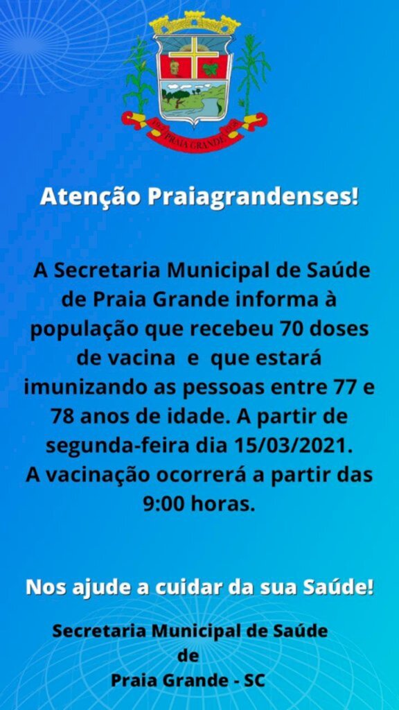 PRAIA GRANDE VACINARÁ IDOSOS DE 77 E 78 ANOS DE IDADE