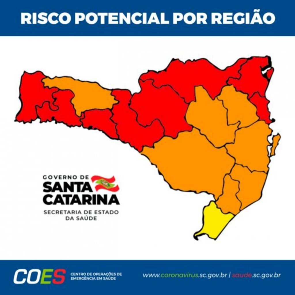 CORONAVÍRUS EM SC: MATRIZ APONTA OITO REGIÕES EM ESTADO GRAVÍSSIMO, SETE EM NÍVEL GRAVE E UMA COM RISCO ALTO PARA COVID-19