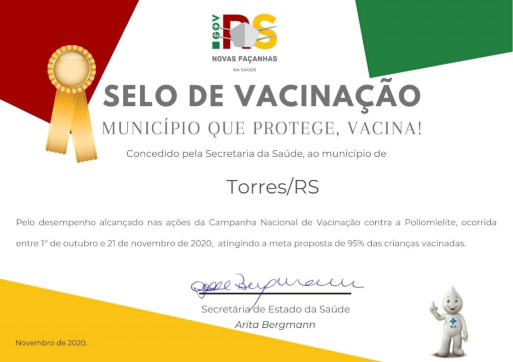 TORRES RECEBE SELO DE VACINAÇÃO POR ATINGIR META DE IMUNIZAÇÃO CONTRA A POLIOMIELITE