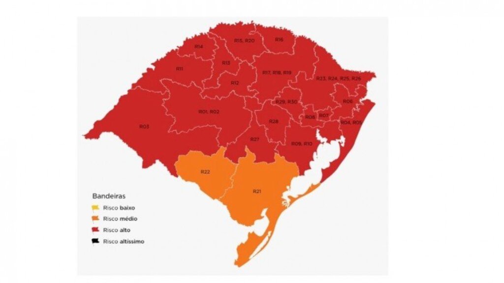 RS: MAPA PRELIMINAR APONTA 90% DAS REGIÕES COM BANDEIRA VERMELHA NA 11ª RODADA DO DISTANCIAMENTO CONTROLADO