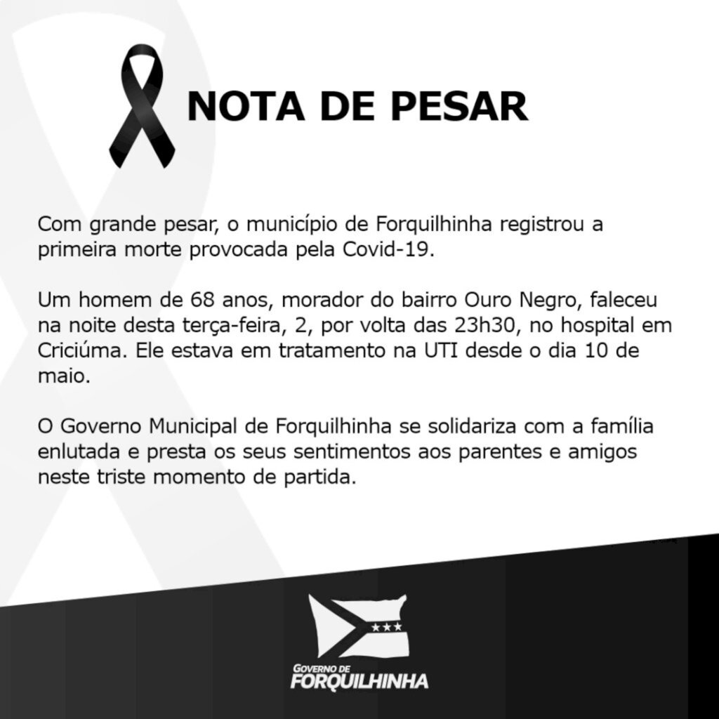 MUNICÍPIO DE FORQUILHINHA REGISTRA A PRIMEIRA MORTE POR COVID-19