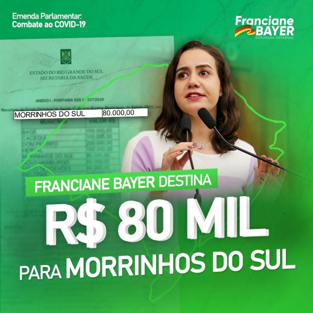 MORRINHOS DO SUL: DEPUTADA FRANCIANE BAYER DESTINA R$ 80 MIL PARA AJUDAR NO ENFRENTAMENTO DA COVID-19