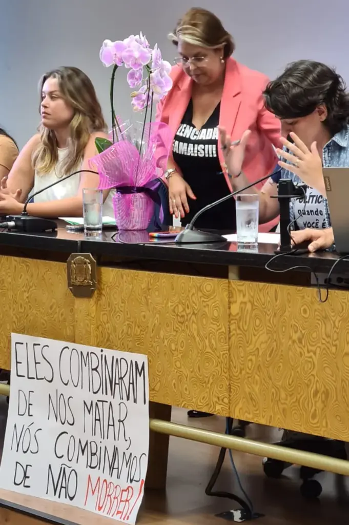  - Da esquerda para direita: vereadoras Giovana Mondardo, Maria Tereza Capra e Carla Ayres, com cartaz — Foto: Ana Paula dos Santos/NSC TV