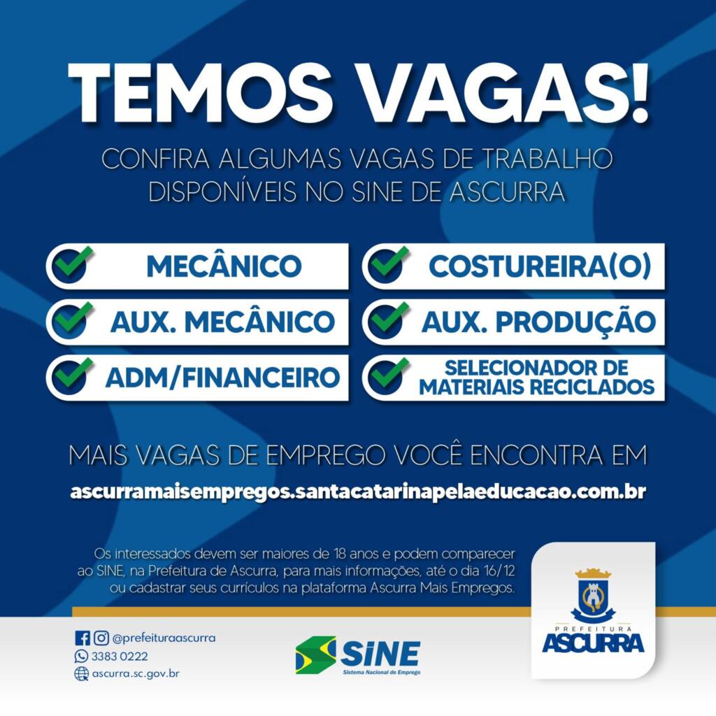 Confira algumas vagas de trabalho disponíveis em Ascurra!