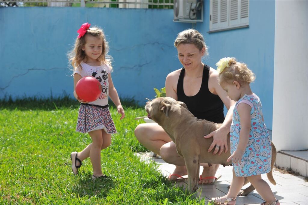 Fotos: Charles Guerra - Fabiana e as filhas, Jordana (à esq.) e Lorena, convivem bem com a pit bull Madona