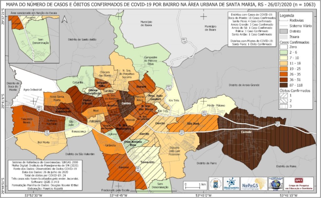 Fonte: Observatório de Informações da Saúde da UFSM - Mapa dos casos confirmados de Covid-19 em Santa Maria distribuídos por bairros