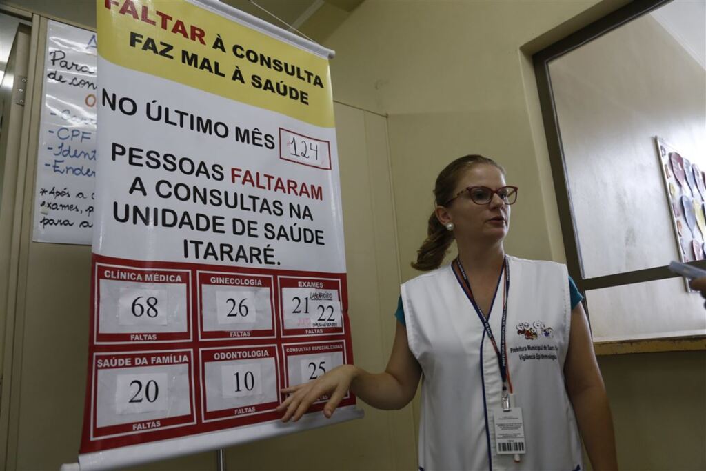Foto: Janio seeger (Diário) - Banner que mostra o número de faltantes, no mês, em consultas na unidade fica exposto bem no acesso às salas de atendimento