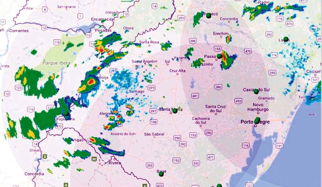 Redemet (Reprodução) - Imagem do radar meteorológico mostra que, ontem, houve só pancadas de chuvas isoladas (nas áreas coloridas). Em Santa Maria, choveu em Camobi e outros bairros, mas não em boa parte do interior