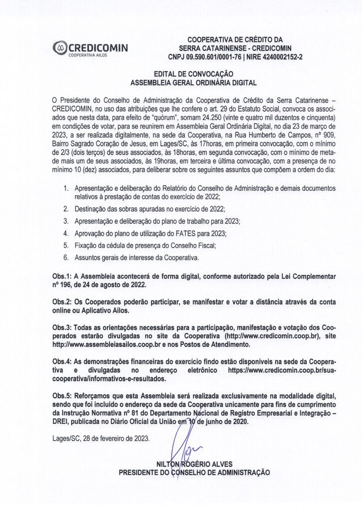 Credicomin publica Edital de Convocação para Assembleia Geral