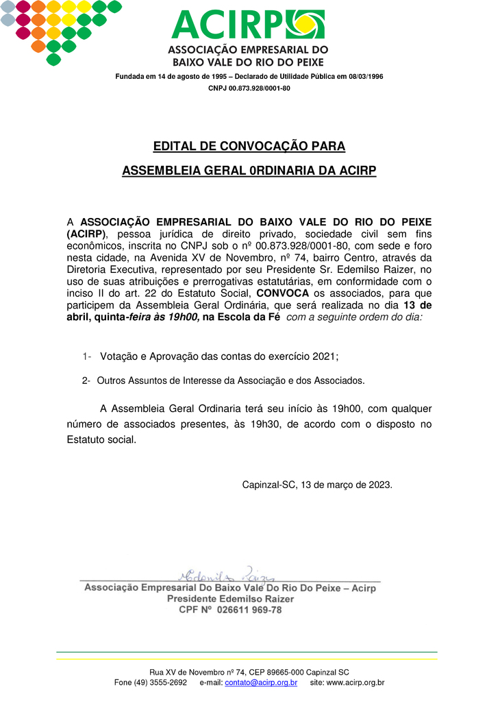 EDITAL DE CONVOCAÇÃO PARA 
ASSEMBLEIA GERAL 0RDINARIA DA ACIRP