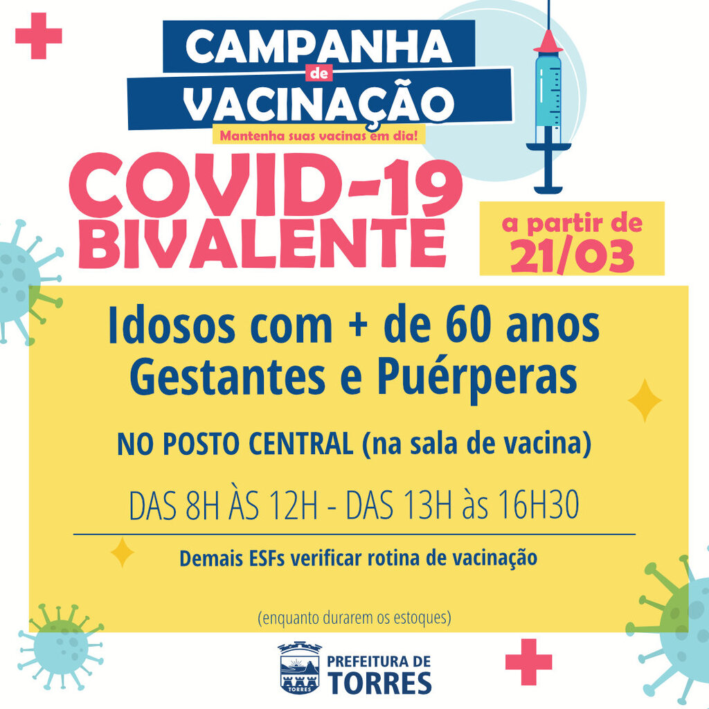 SECRETARIA DE SAÚDE DISPONIBILIZA VACINA BIVALENTE PARA IDOSOS MAIORES DE 60 ANOS, GESTANTES E PUÉRPERAS EM TORRES