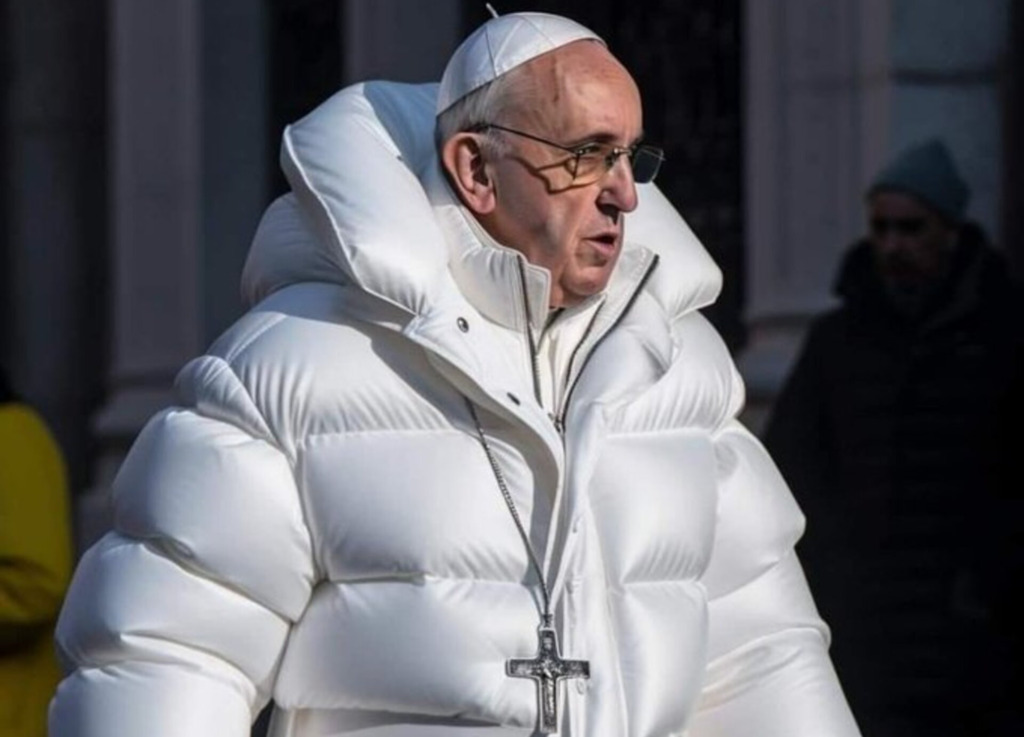Foto: Reprodução/Internet - Imagens como a do Papa Francisco vestindo uma jaqueta são feitas através de inteligência artificial e alertam para os enganos que podem causar