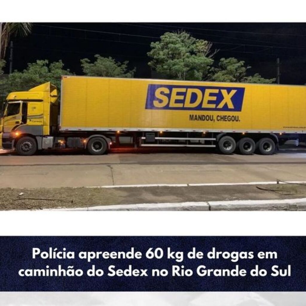 A Polícia Civil apreendeu 60 kg de drogas transportadas em um caminhão do Sedex, no último domingo (9), em Gravataí, na Região Metropolitana de Porto Alegre.