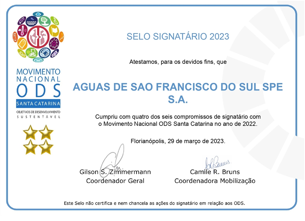 Águas de São Francisco do Sul  recebe o selo Signatários ODS 2023