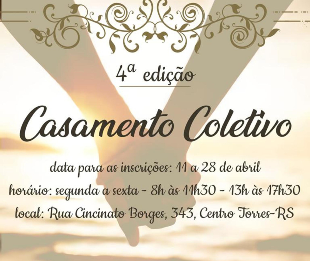 ABERTAS AS INSCRIÇÕES PARA A 4ª EDIÇÃO DO CASAMENTO COLETIVO DE TORRES