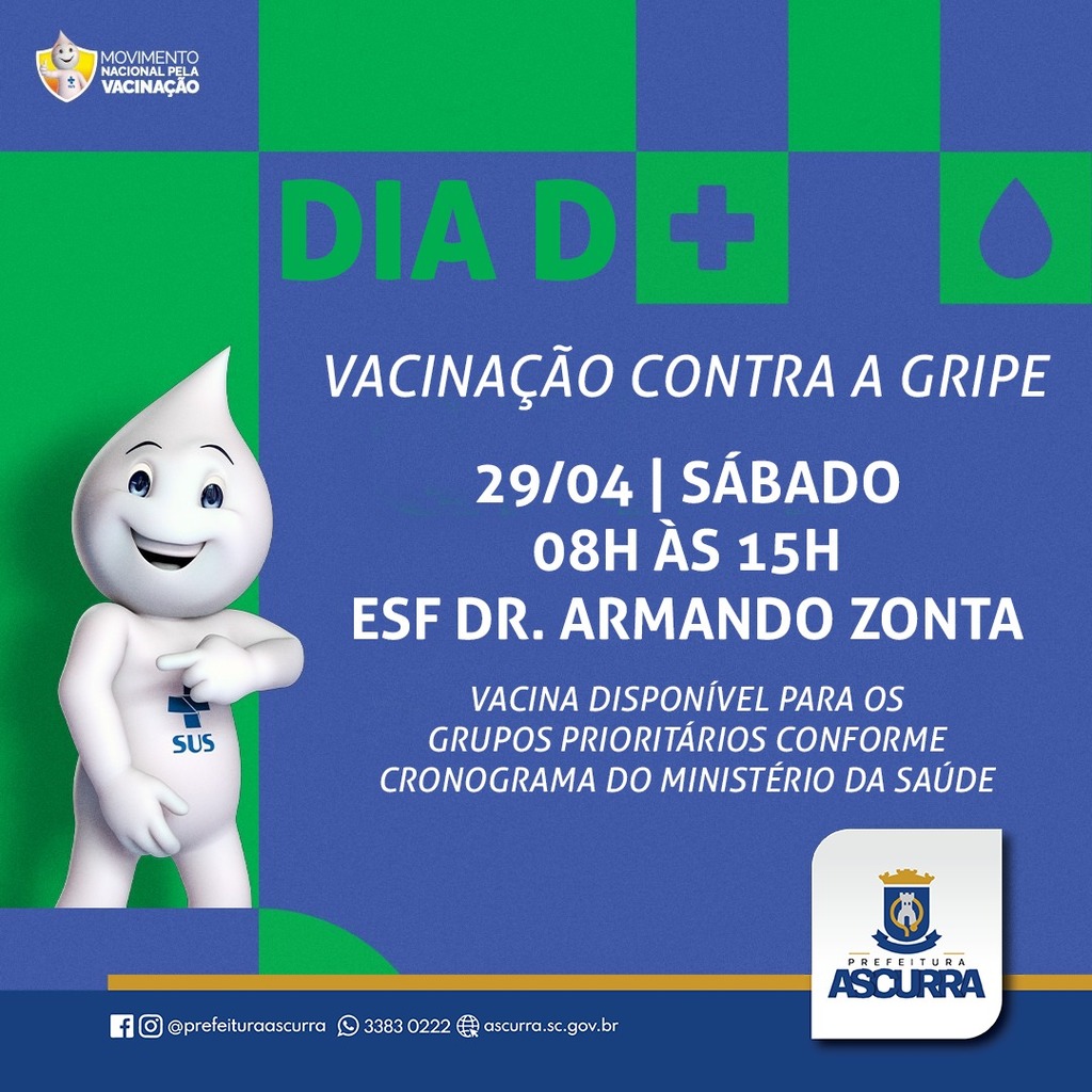 Neste sábado tem DIA D da Campanha de Vacinação contra a Gripe em Ascurra.