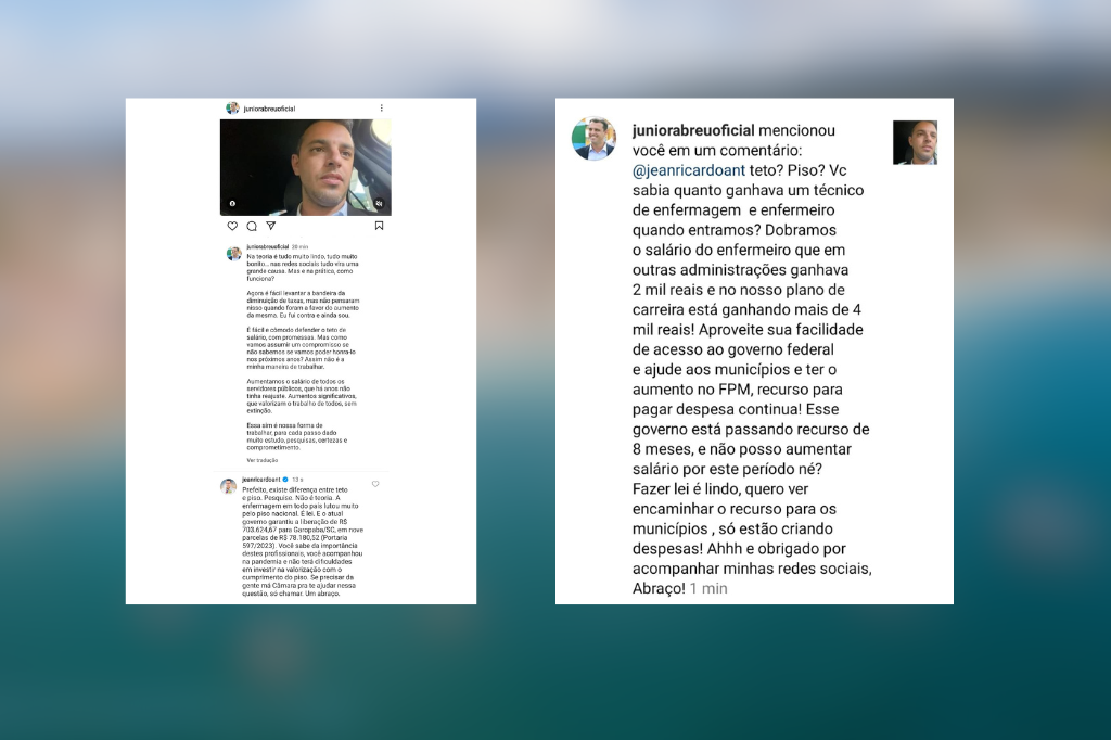 Imagens: reprodução redes sociais - Prefeito e Vereador debatem nas redes sociais sobre o piso e o teto dos profissionais da saúde