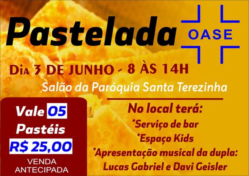 O Hospital e Maternidade Oase realiza no dia 3 de junho, das 8 às 14h, no Salão de Festas da Paróquia Santa Terezinha a Pastelada do Oase.