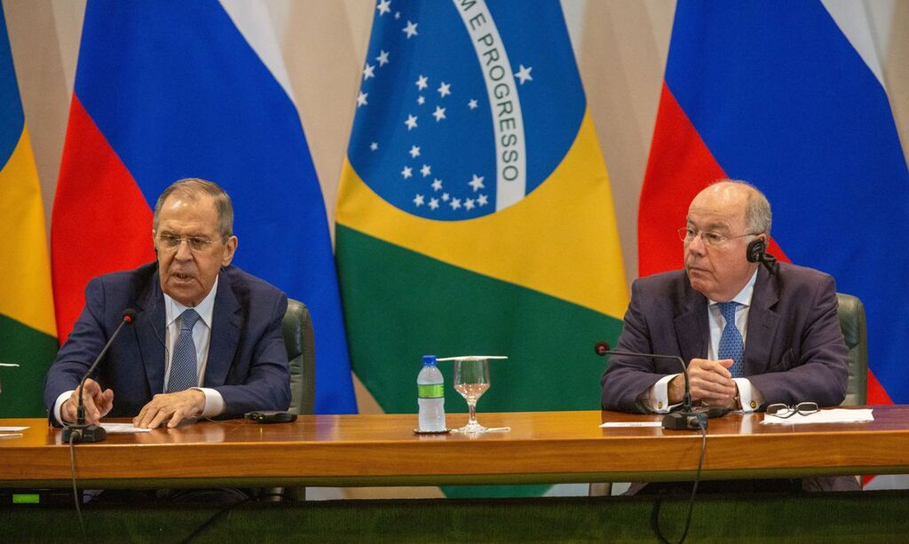 Fabio Rodrigues-Pozzebom/ Agência Brasil - Brasília (DF) 17/04/2023 Os Ministros das Relações Exteriores do Brasil, Mauro Vieira, e da Russia, Sergei Lavrov, durante conferência de imprensa. Foto: Fabio Rodrigues-Pozzebom/ Agência Brasil