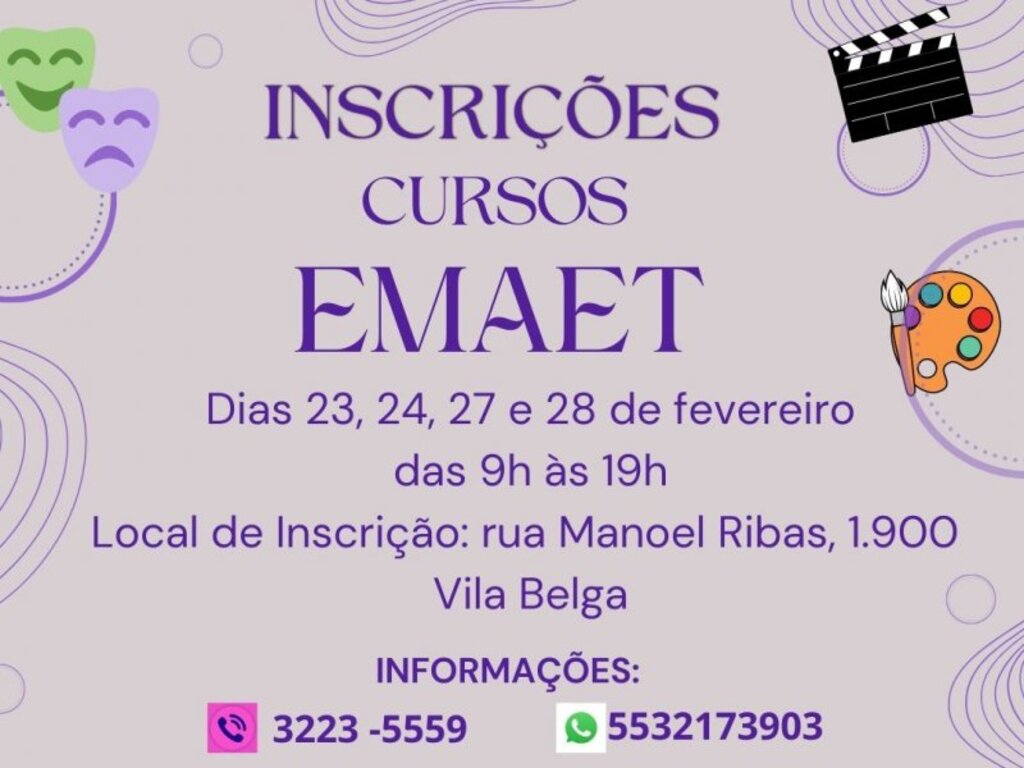 Emaet está com inscrições abertas para cursos gratuitos de artes visuais, música e teatro