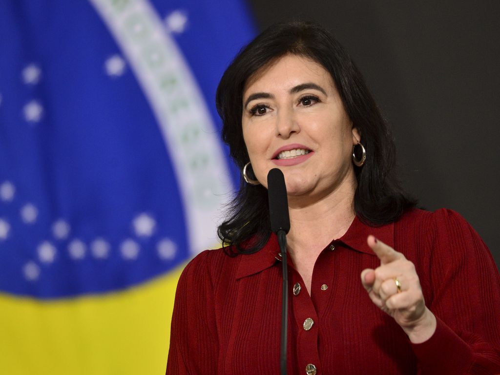 Marcelo Camargo/Agência Brasil - A ministra do Planejamento e Orçamento, Simone Tebet, toma posse em cerimônia no Salão Nobre do Palácio do Planalto.