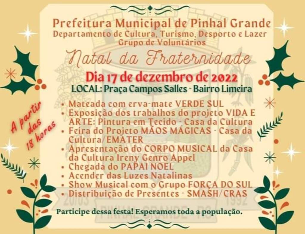 Pinhal Grande divulga calendário do Natal da Fraternidade